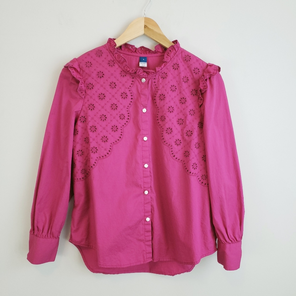Old Navy Women's Raspberry Tart Long Sleeve Eyelet Ruffle Detail Collarless Butt